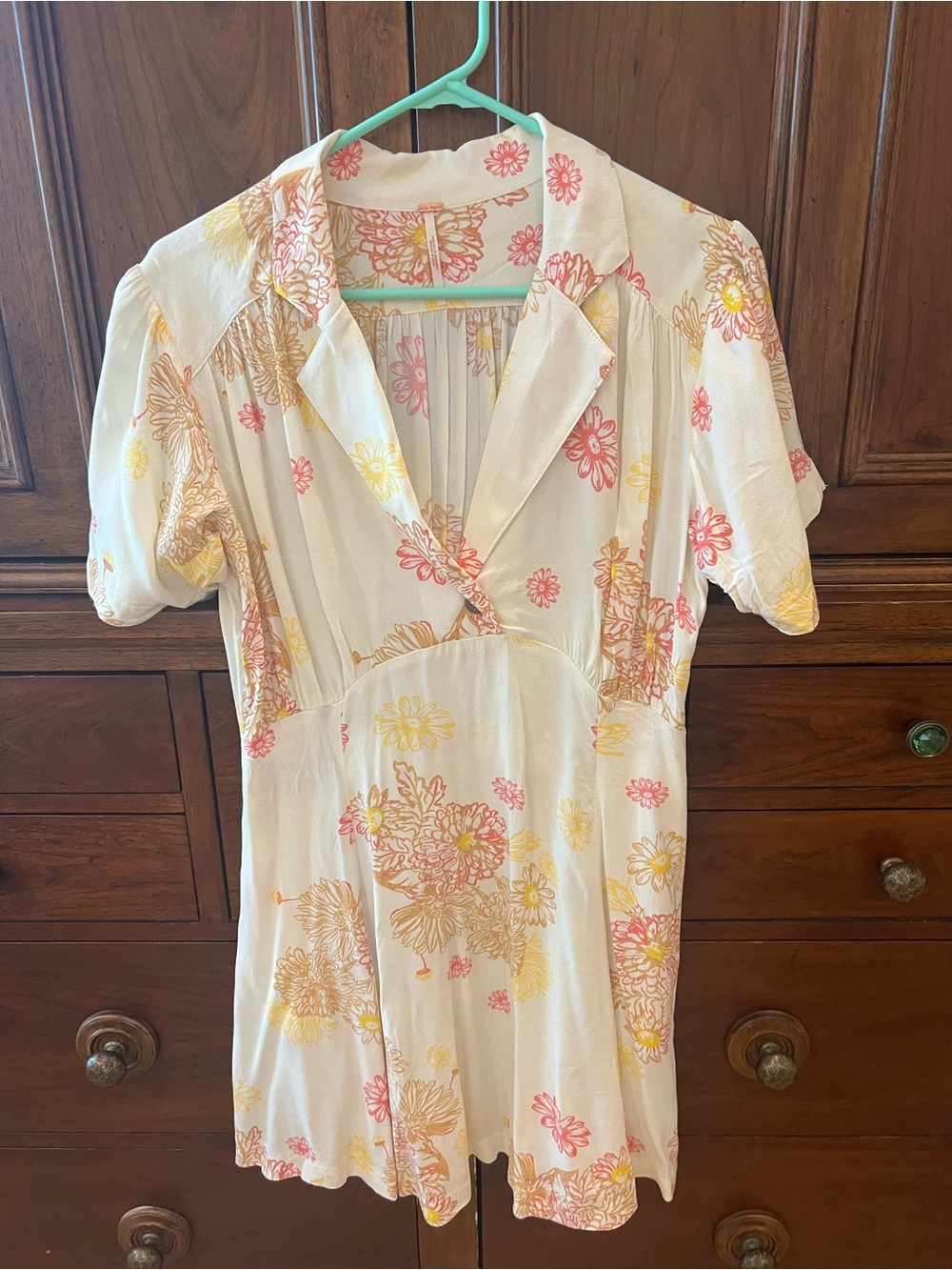 Free People - Floral Cream Short Sleeve Dress with Pink & Yellow Blooms